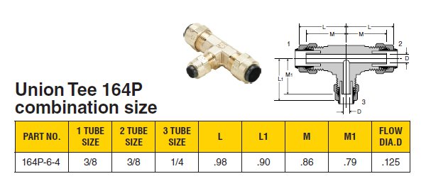 3/8 Compression Tube x 3/8 Compression Tube Parker Hannifin 164P-6 Poly-Tite Brass Union Tee Fitting 